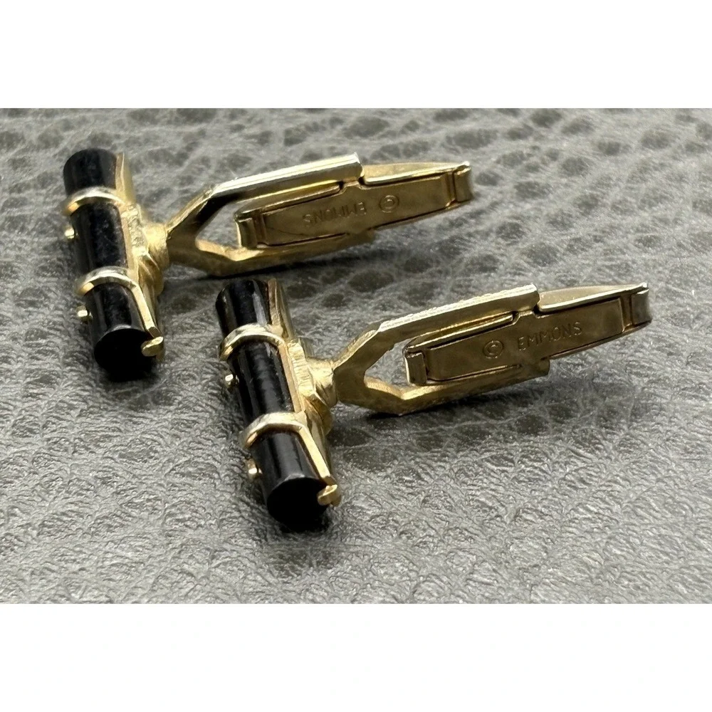 Vintage Emmons Black Stone Gold Tone Barrel Cufflinks Men's Luxury Accessory